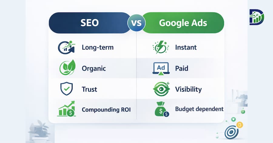 SEO vs Google Ads marketing comparison chart
